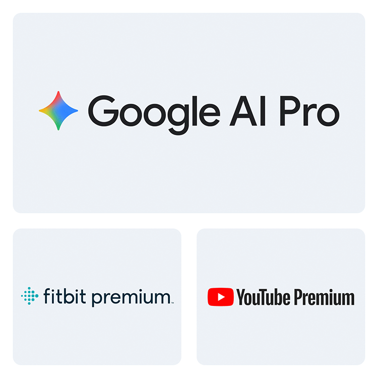 Three tiles displaying logos for Google One Premium 2, Fitbit Premium, and YouTube Premium
