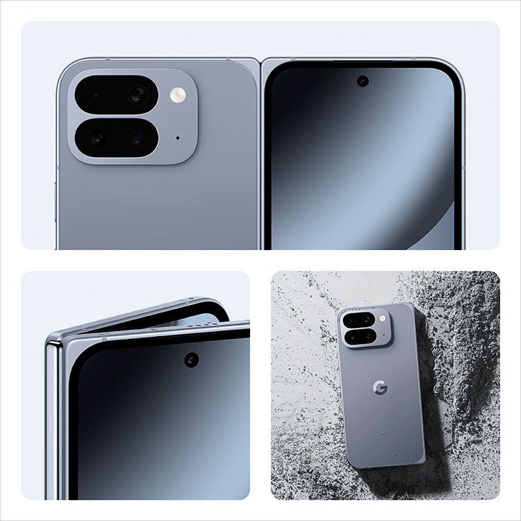 Three tiled images showing the exterior of the Pixel 10 Pro Fold opened, a closeup of the front screen of Pixel 10 Pro Fold, and the Pixel 10 Pro Fold screen down in a pile of gray dust.