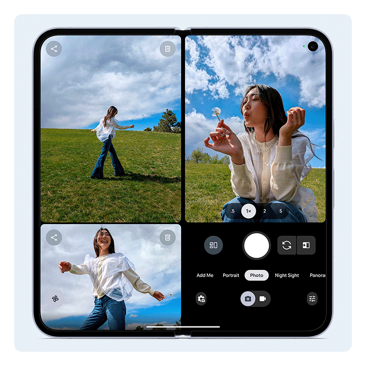 An unfolded Google Pixel 10 Pro Fold with Instant View showing pictures as they are taken of a person frolicking in a field.