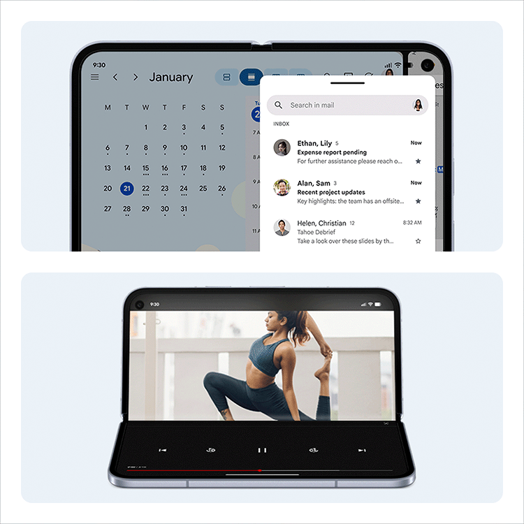 Galaxy 10 screen with calendar and Galaxy 10 set in tabletop mode with video playing