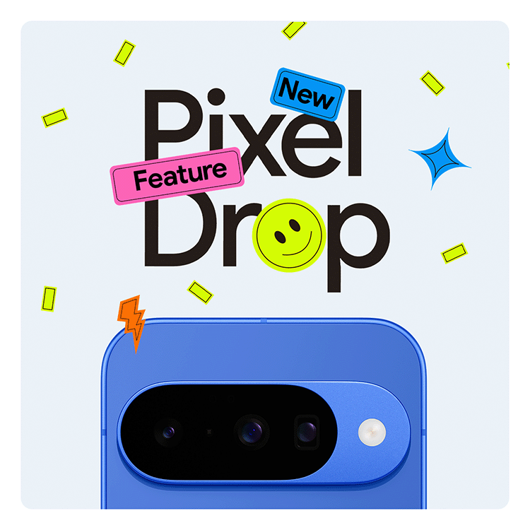 Small graphic shapes fall around an Indigo Google Pixel 10 phone with the words New Pixel Feature Drop