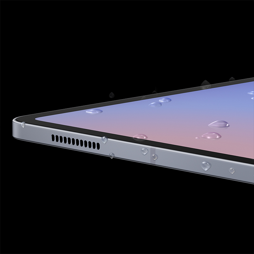 ​Galaxy Tab S10+ 5G corner and part of the tablet, sprinkled with water drops.