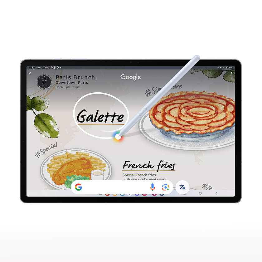 Galaxy Tab S10+ 5G screen showing food recipes with pencil drawing circles.